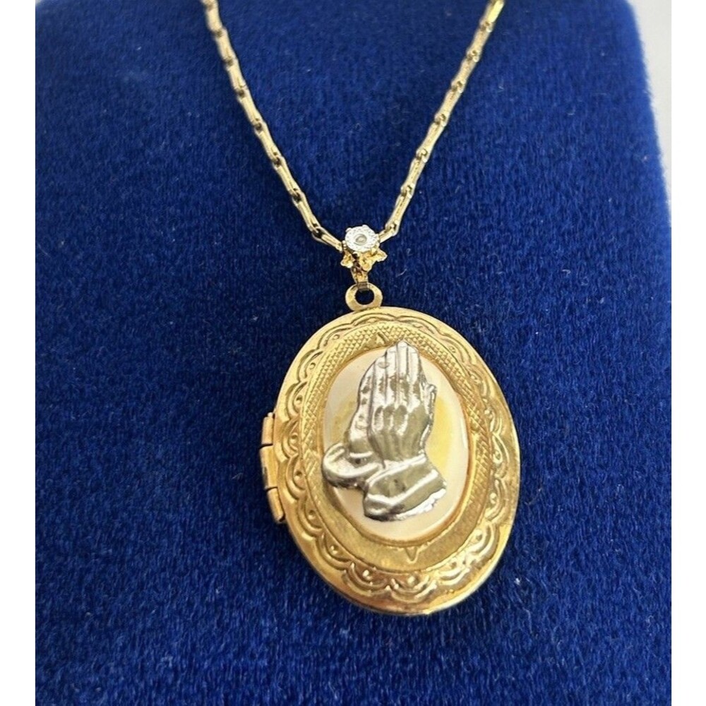 Vintage Praying Hands Locket Necklace Gold Tone Religious Pendant Chain